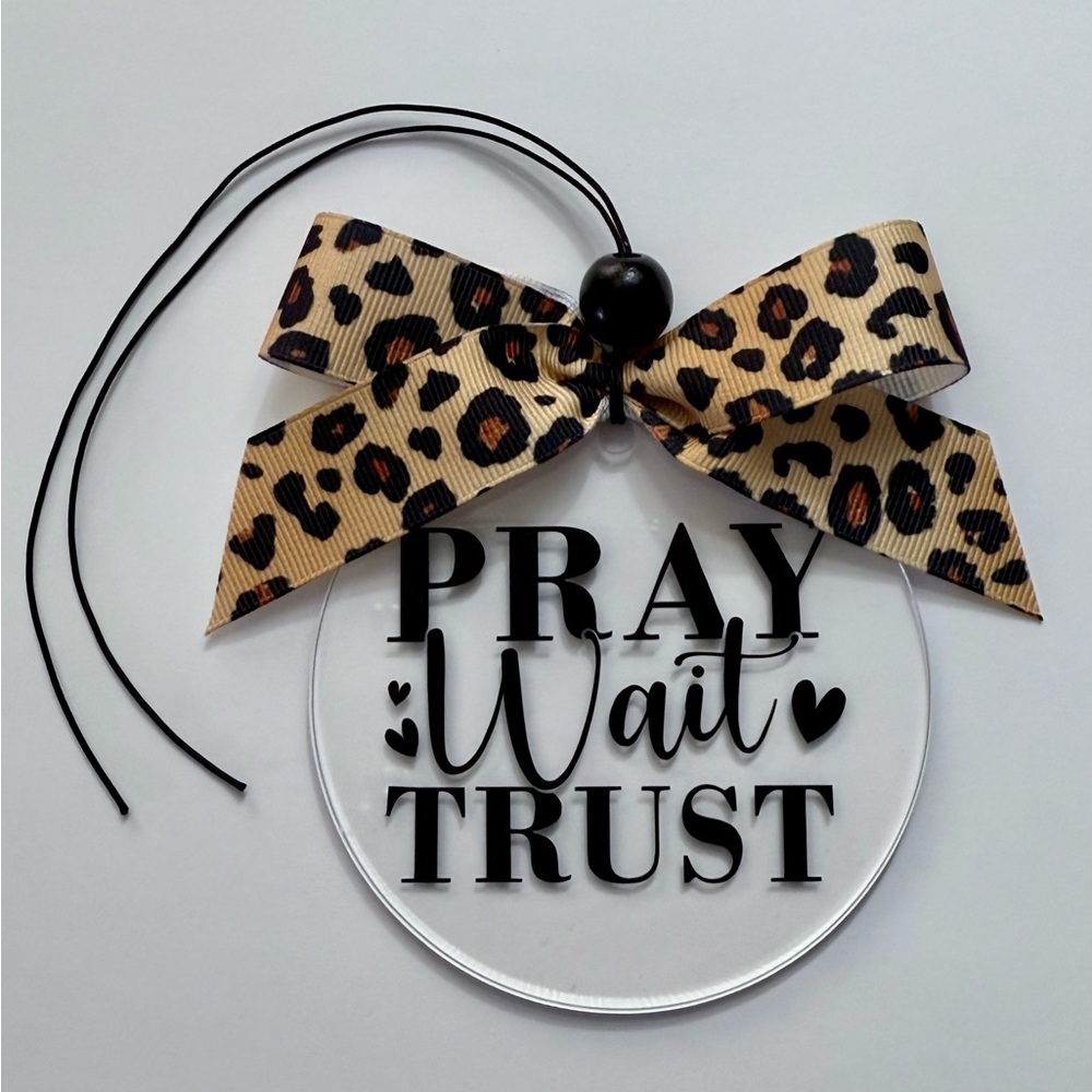 Handcrafted Leopard Print Bow Rear View Mirror Car Charm - Inspirational Message
